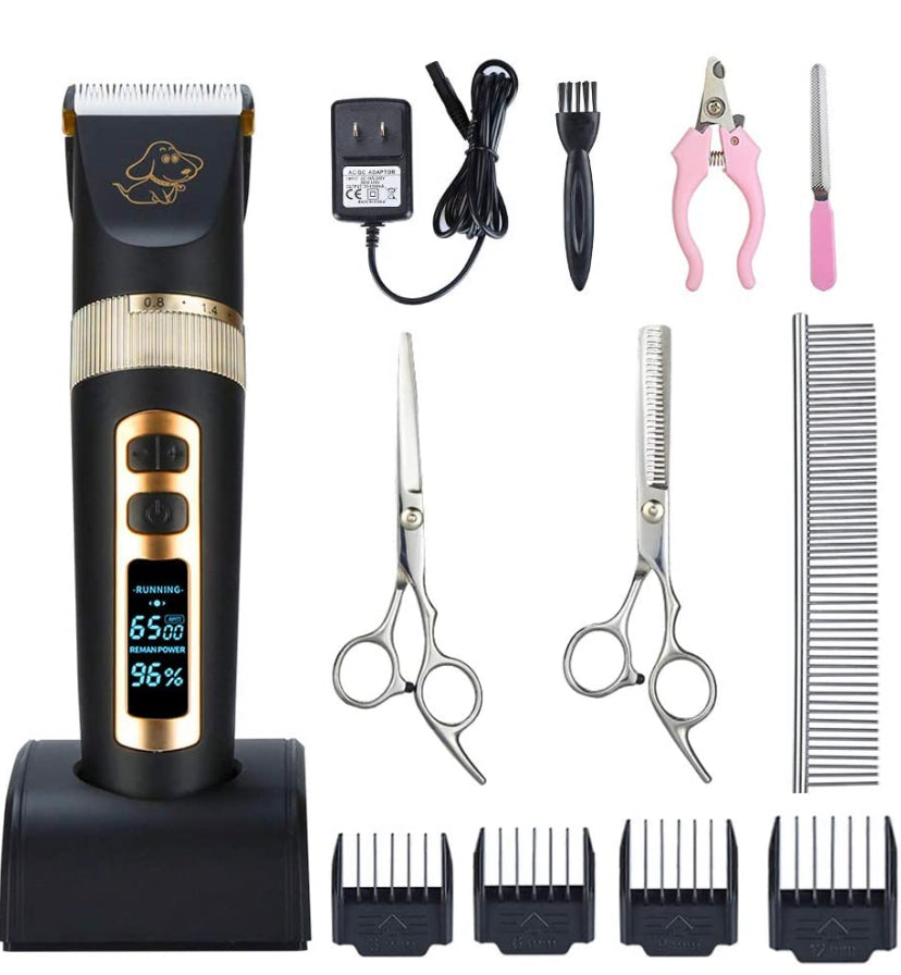 Professional Dog Grooming kit, 3 Speed Rechargeable Cordless Dog Clippers Low Noise Low Vibration, LED Screen Indicate Power/Lubricating/Cleaning
