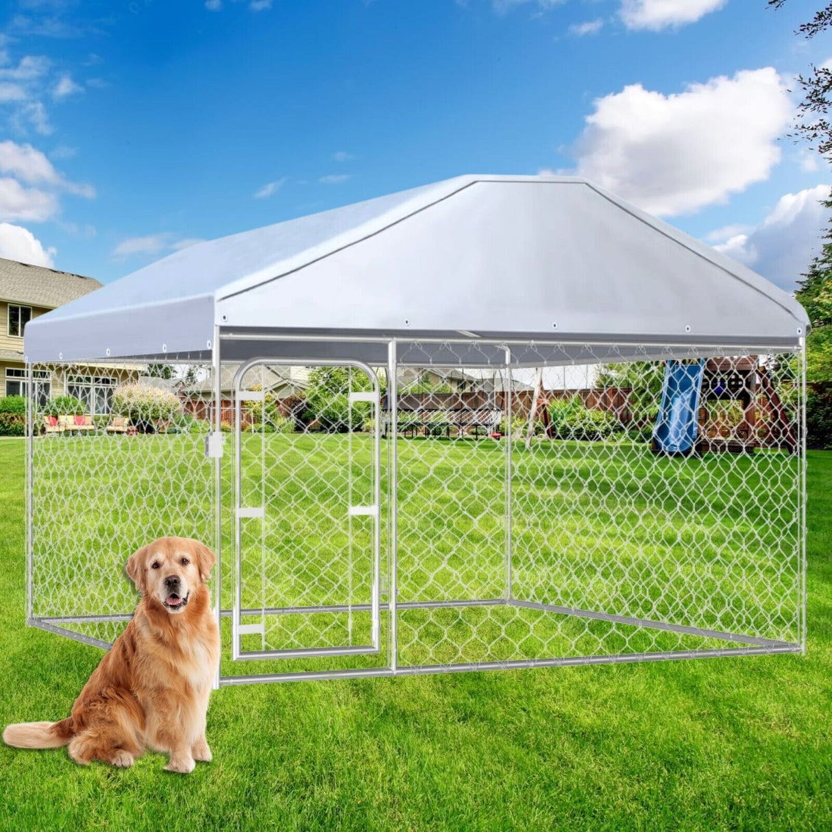 Dog Kennel Run Cage Galvanized Steel Fencing Pet Playpen Enclosure with Roof 2x2