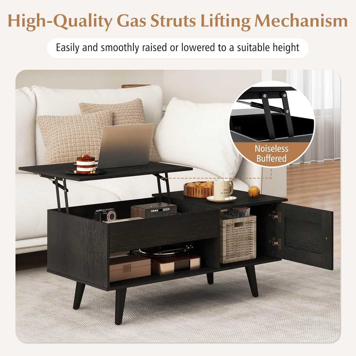 Lift-Top Coffee Table with Hidden Cabinet & Open Shelf