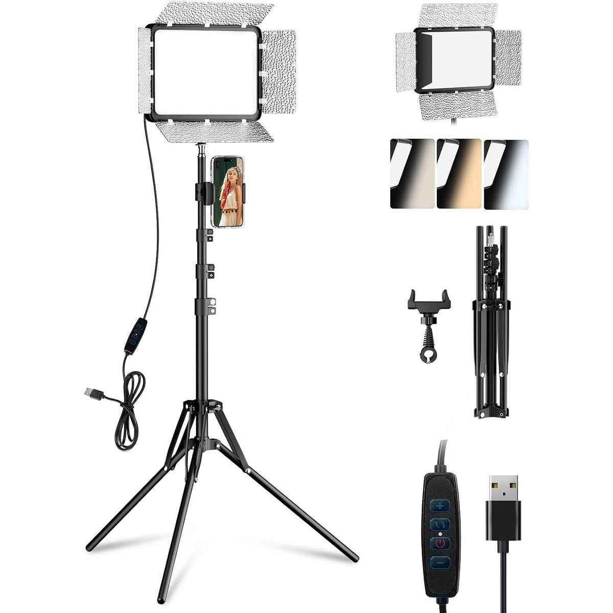 10 × 7.8 in Dimmable LED Studio Light with Tripod & Barndoors