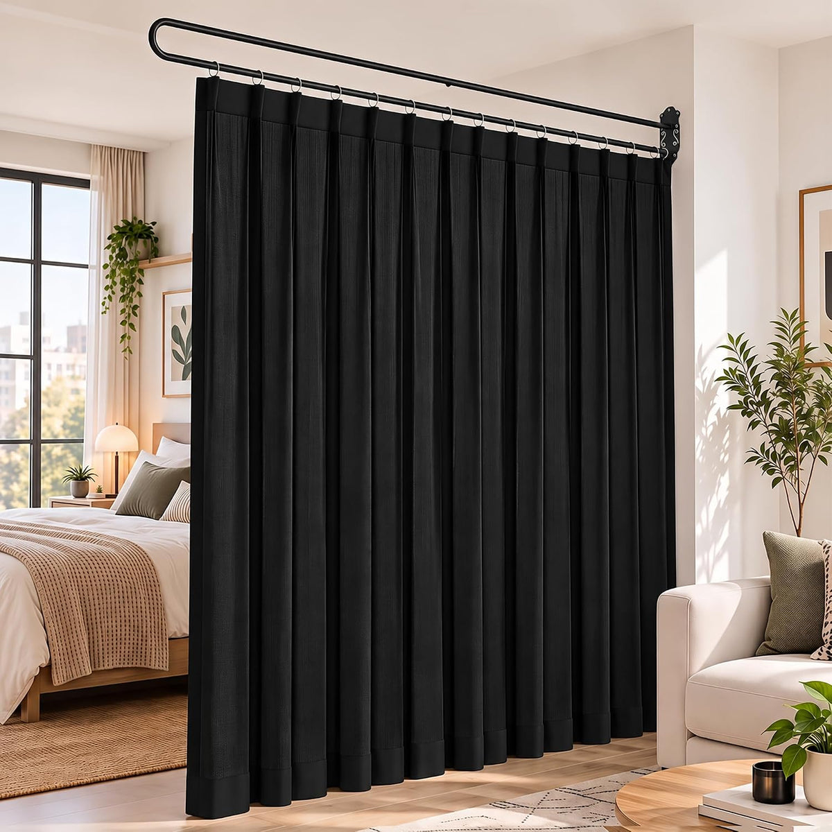 Wall-Mounted Room Divider Curtain with Metal Frame – Black