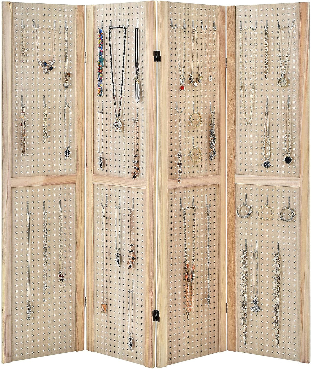 152 cm 4-Panel Folding Pegboard Display Divider – Natural