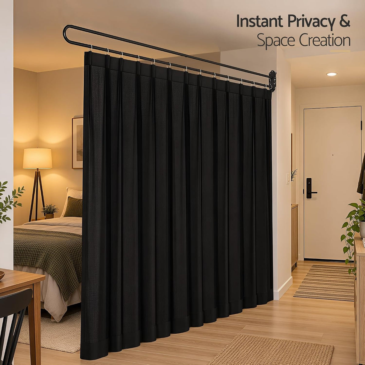 Wall-Mounted Room Divider Curtain with Metal Frame – Black