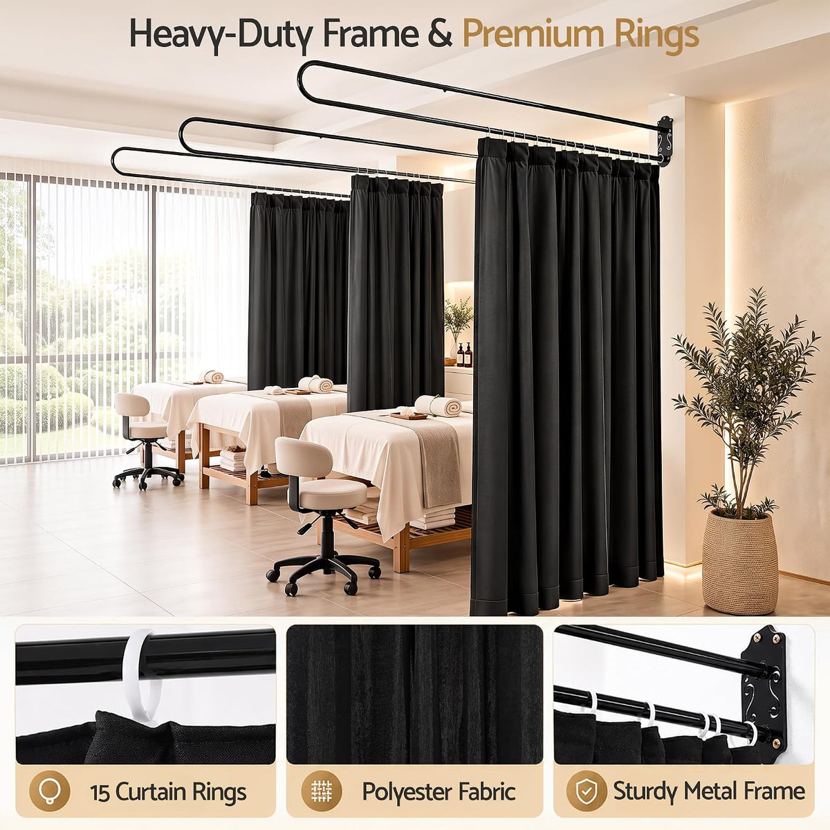 Wall-Mounted Room Divider Curtain with Metal Frame – Black