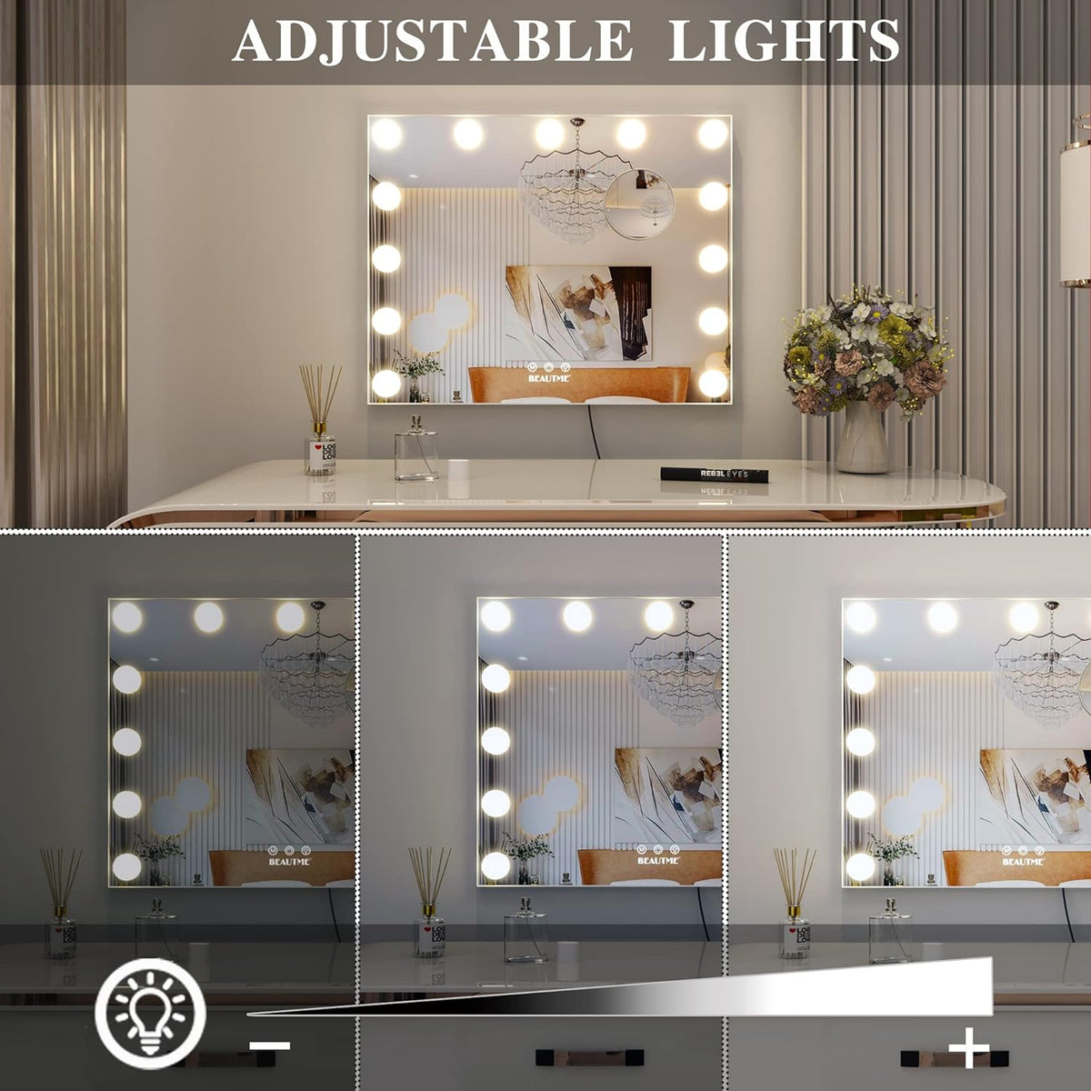 Vanity Mirror Hollywood Mirror with Lights,Led Makeup Mirror with Magnifying Mirror Bedroom Table Mirror/Wall Mounted Mirror Big Mirror (50.5x39.7cm, White)
