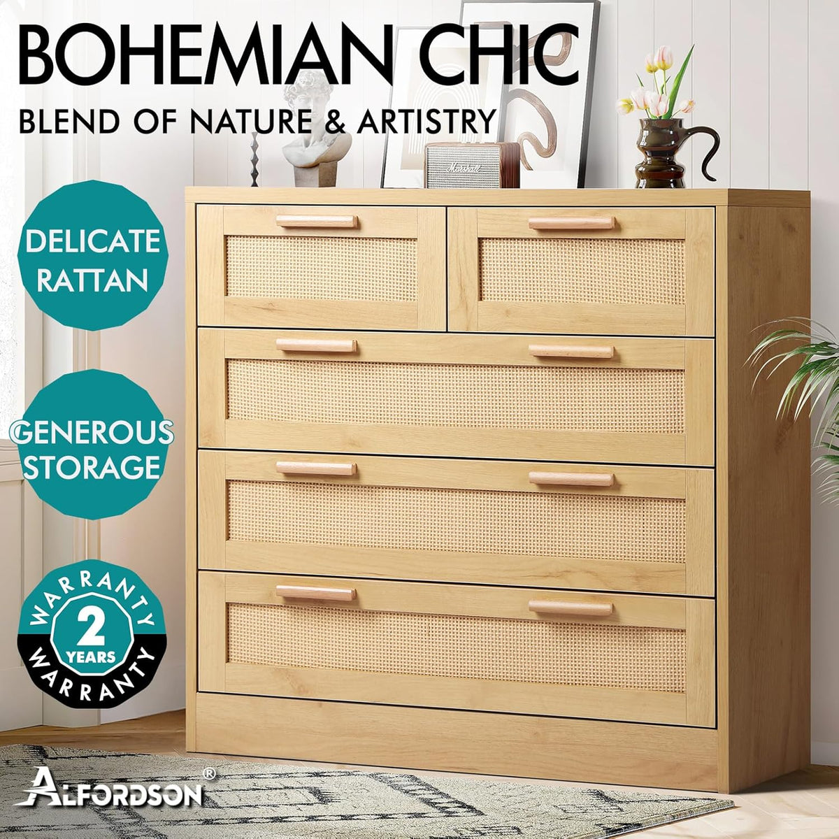 Wood-Finish Rattan Tallboy with 5 Drawers