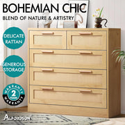 Wood-Finish Rattan Tallboy with 5 Drawers