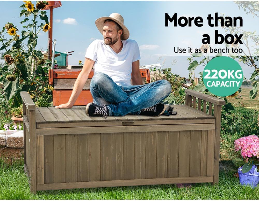 Outdoor Storage Box Bench, Wooden Garden Shed Shoe Cabinet Tool Chest Toy Storages Boxes Benches Deck Chair Container Indoor Patio Balcony Furniture, Water-Resistant 220kg Capacity Brown