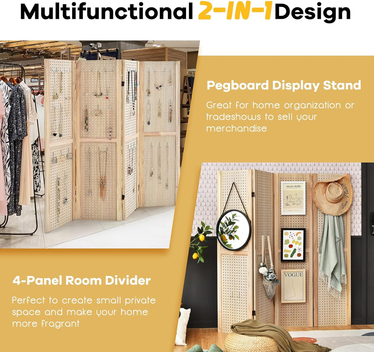 152 cm 4-Panel Folding Pegboard Display Divider – Natural