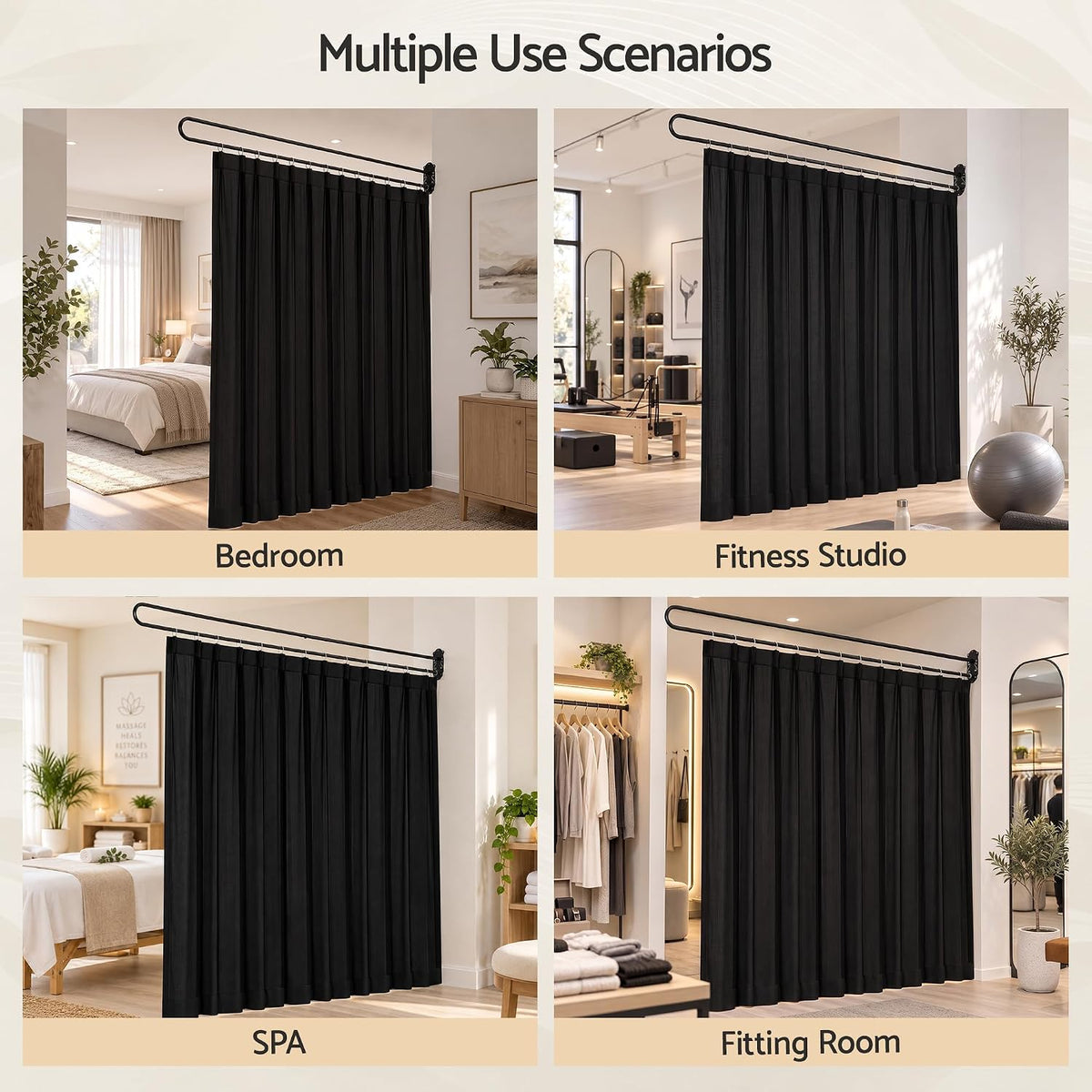 Wall-Mounted Room Divider Curtain with Metal Frame – Black