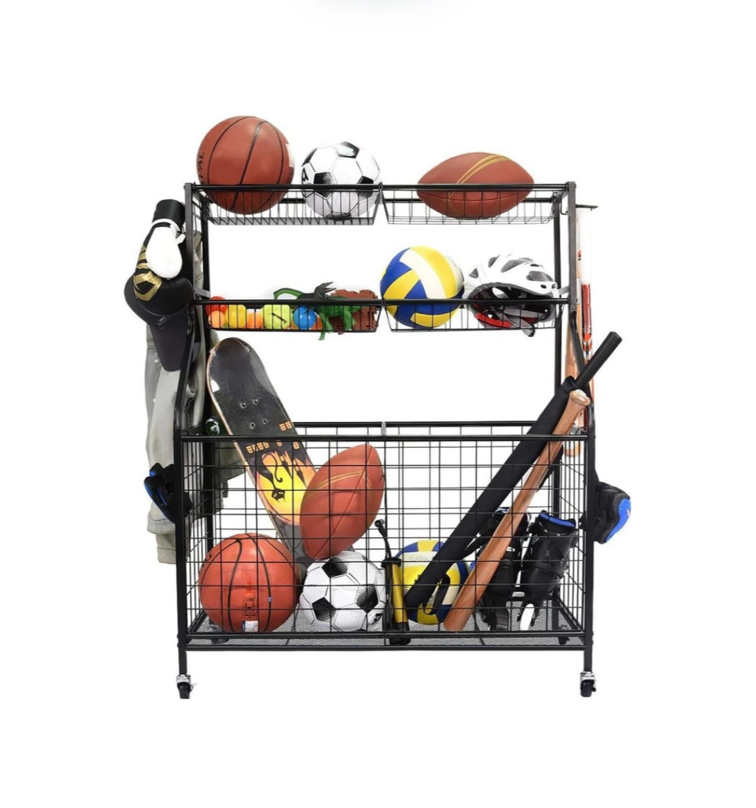 Rolling Sports-Ball Storage Rack with Baskets & Hooks