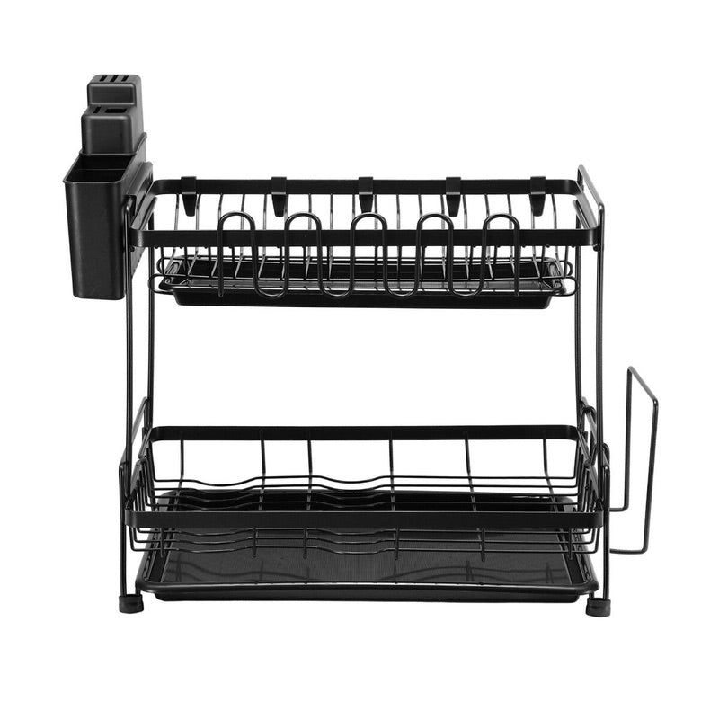 Dish Drying Rack Drainer Kitchen Organiser Plate Cutlery Holder Storage 2 Tier Utensil Shelf with Drip Trays
