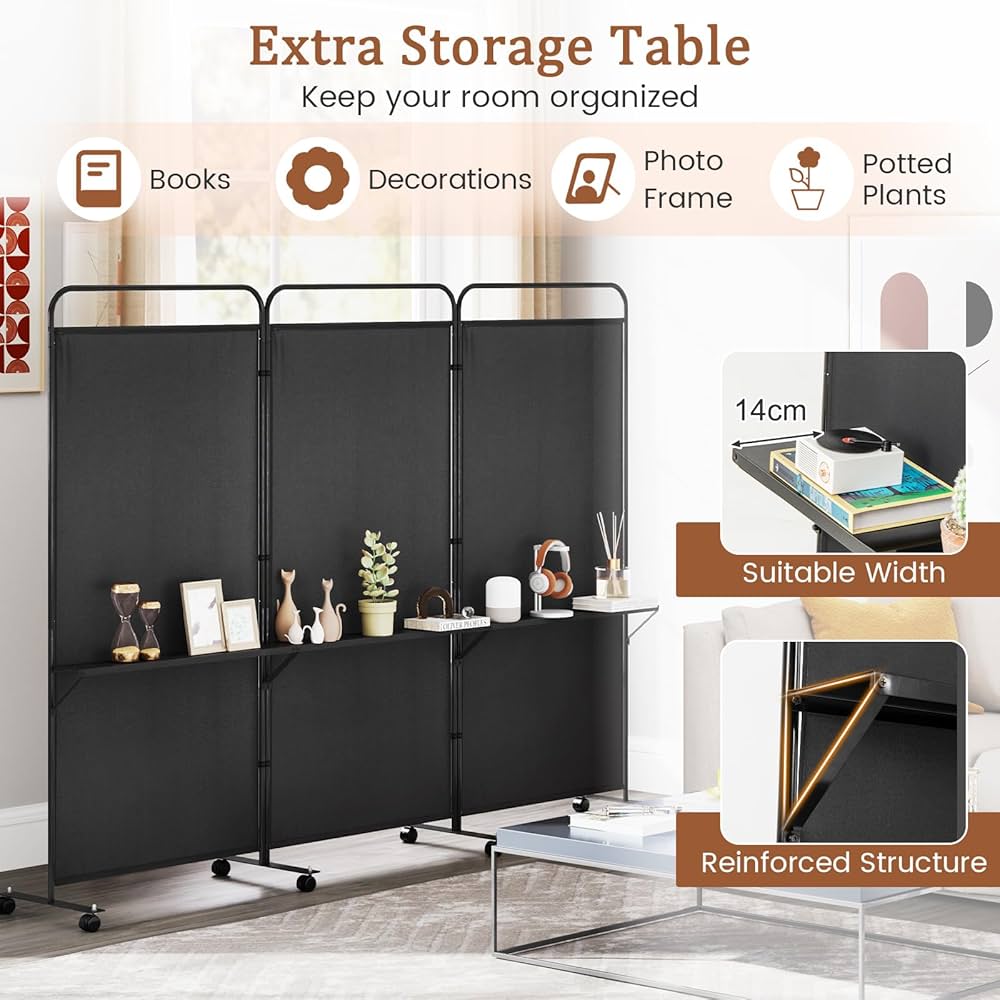 188cm Rolling 3-Panel Room Divider with 3 Shelves – 3 Colours
