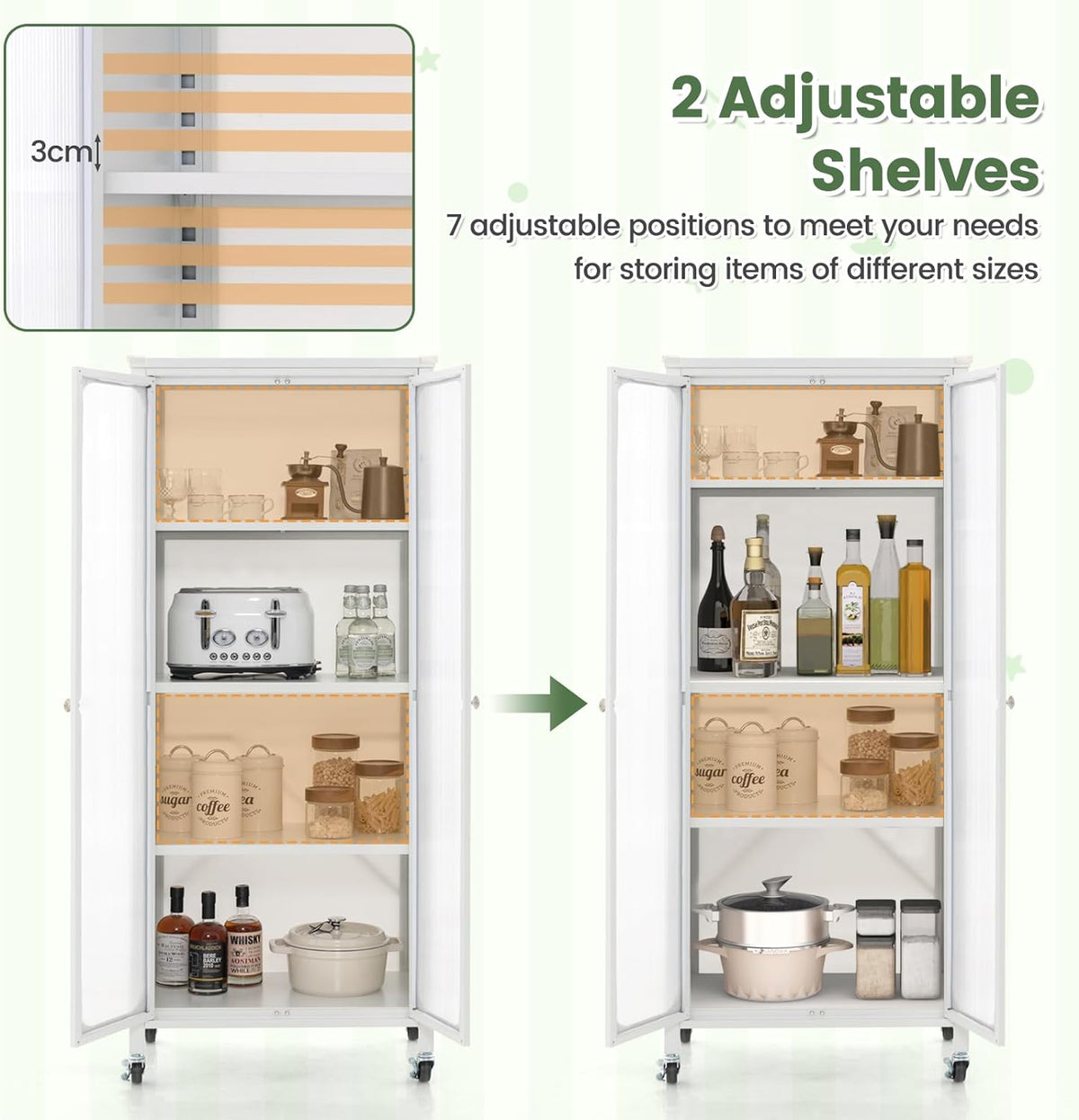 Mobile Metal Storage Cabinet with Glass Doors & 2 Adjustable Shelves