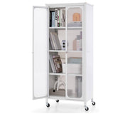 Mobile Metal Storage Cabinet with Glass Doors & 2 Adjustable Shelves