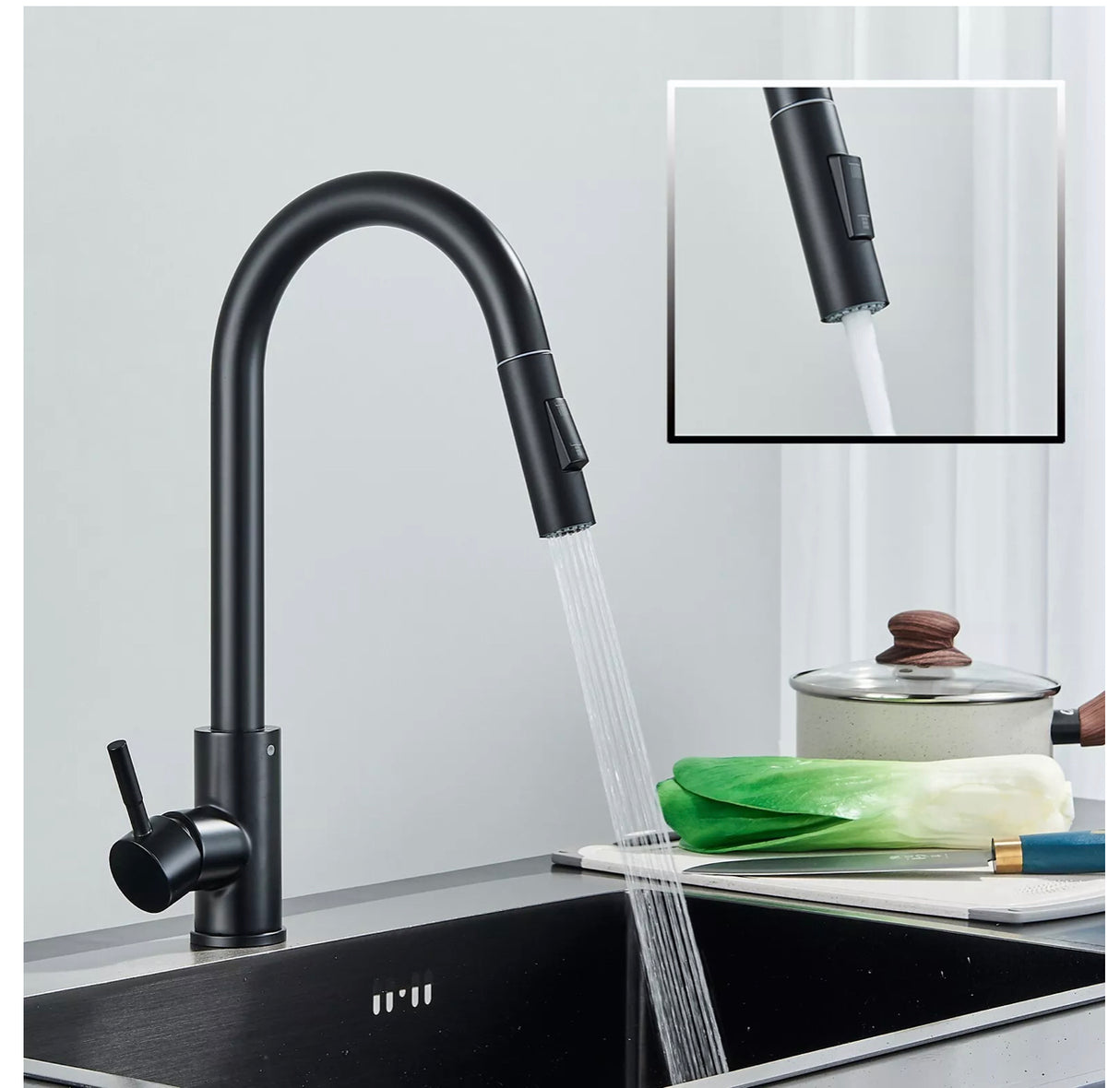 Solid Brass WELS Kitchen Mixer Tap Sink Pull-Out Faucet 360° Swivel Spout Black