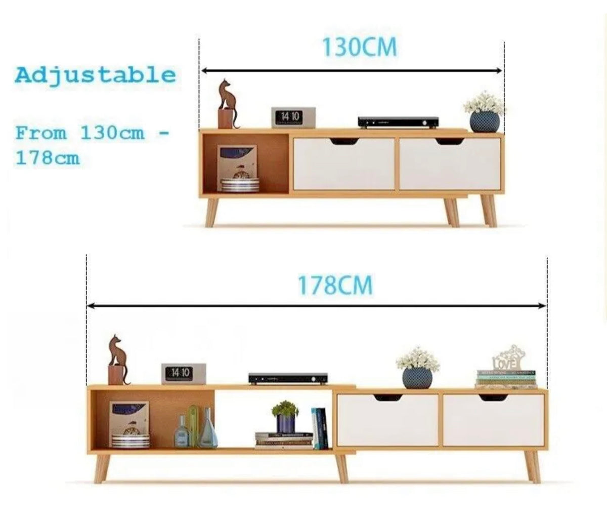 Adjustable 130–178 cm TV Cabinet with Drawer