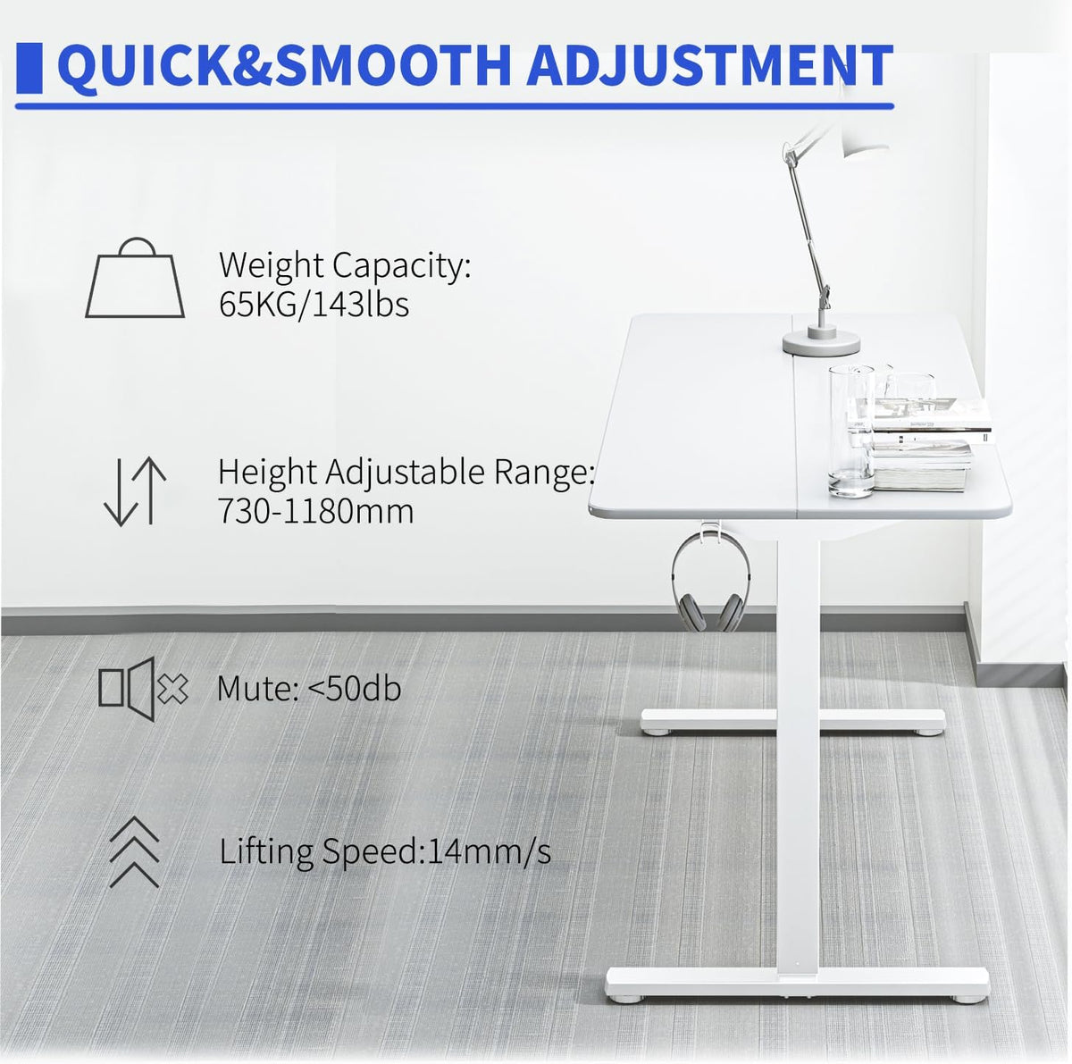 Electric Standing Desk 110x60cm (43.3"x23.6"), Height Adjustable Standing Desk with Splice Board, Stand Up Desk with Backpack Hook and Memory Smart Handset
