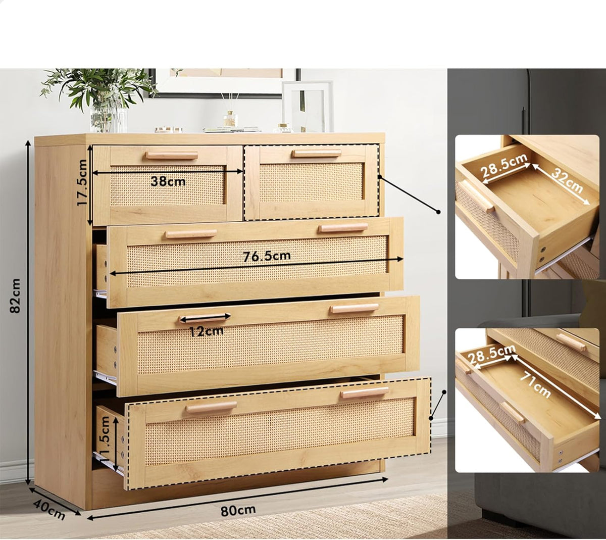 Wood-Finish Rattan Tallboy with 5 Drawers
