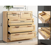 Wood-Finish Rattan Tallboy with 5 Drawers