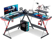130 cm Carbon-Black L-Shaped Gaming Desk with Monitor Riser