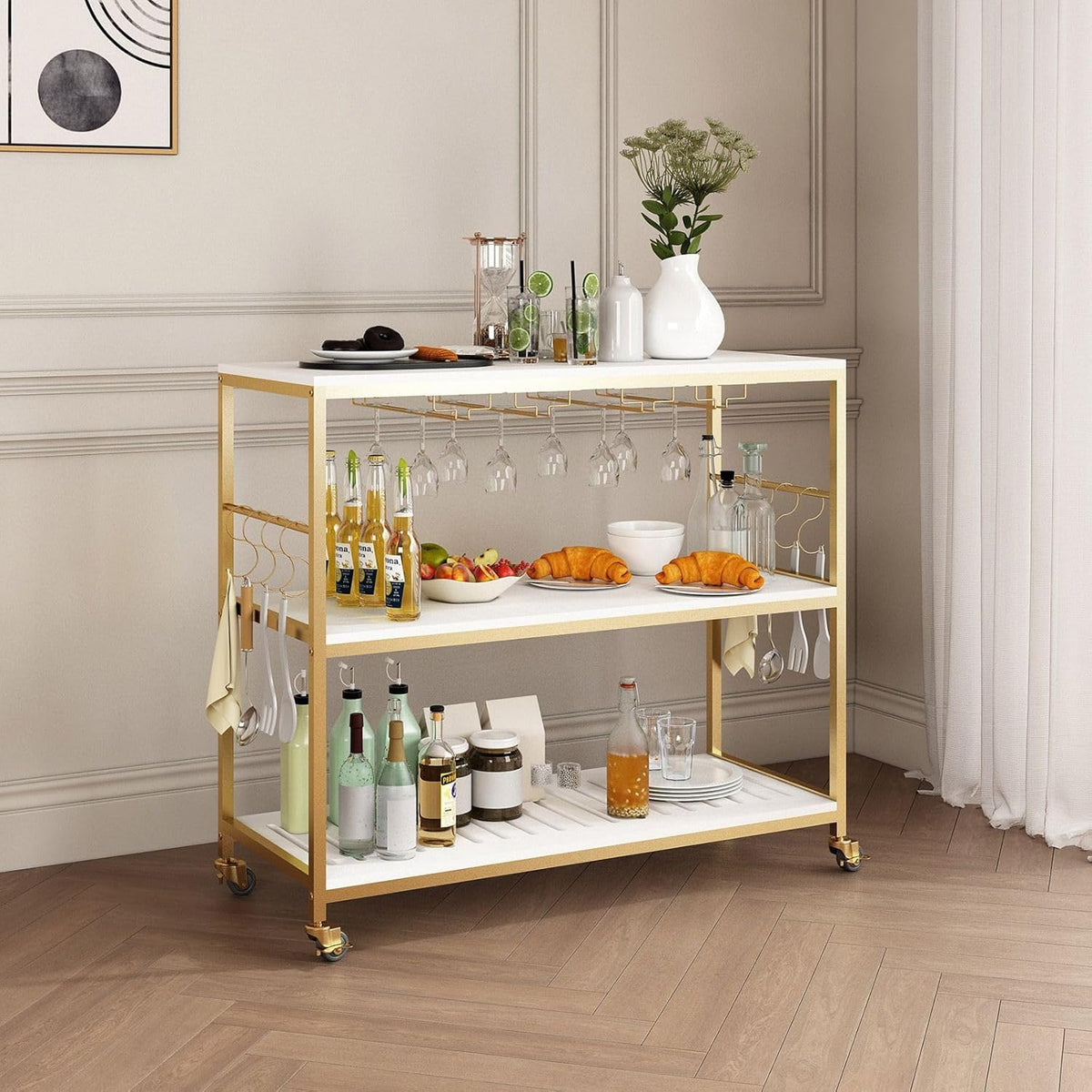 3-Tier Mobile Bar Cart with Glass Holder