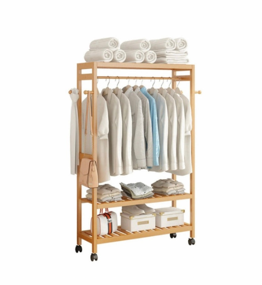 Rolling 3-Tier Bamboo Garment Rack – 78 × 41 × 169cm