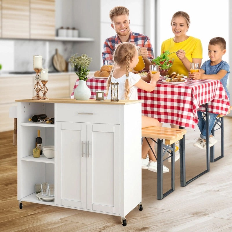 107 cm Rolling Kitchen Island with Wine Rack & Cabinet