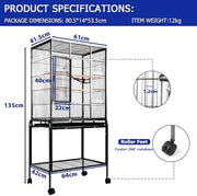 135cm Large Rolling Bird Cage with Storage Shelf & Removable Tray