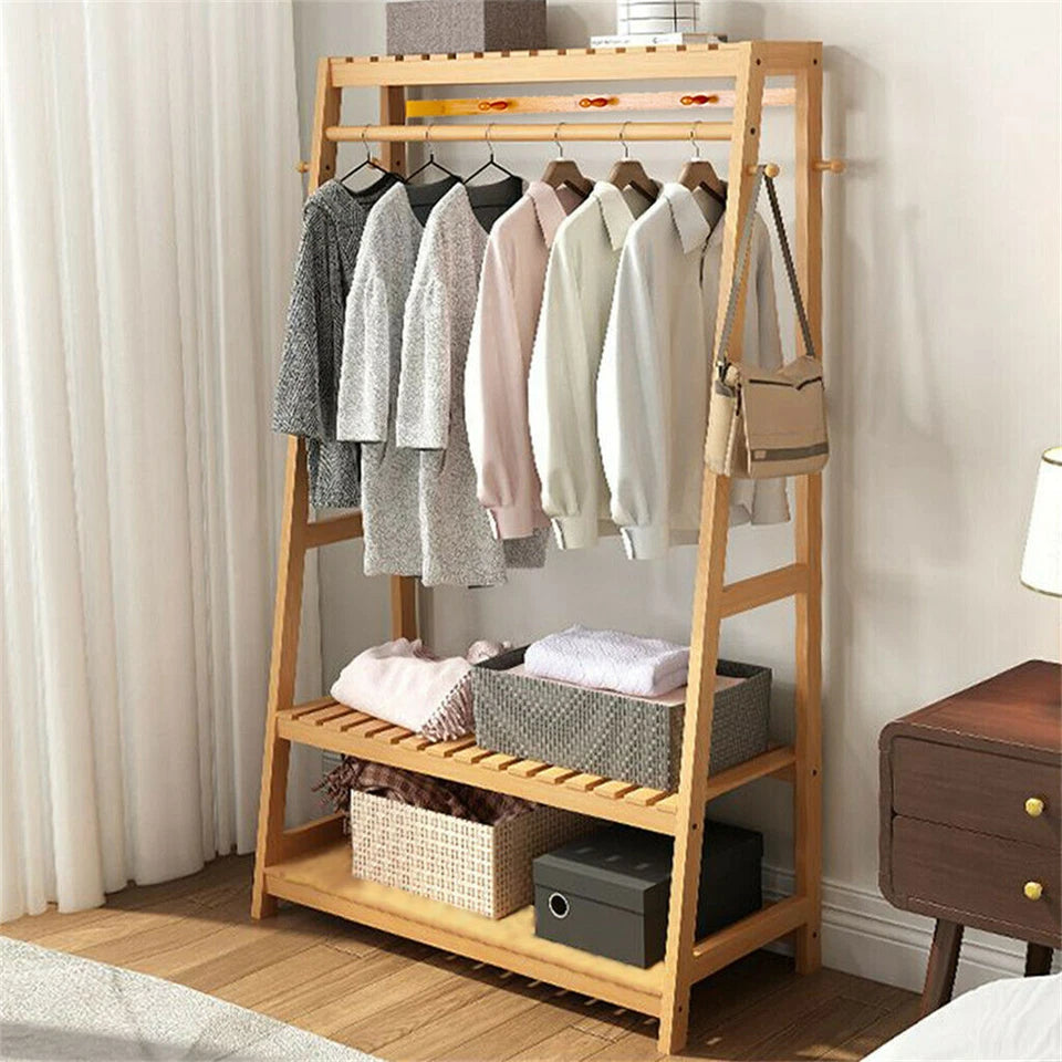 165cm Bamboo Garment Rack with 3 Shelves & 10 Hooks