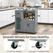 Grey Rolling Kitchen Island with Drawer & Glass-Door Cabinet