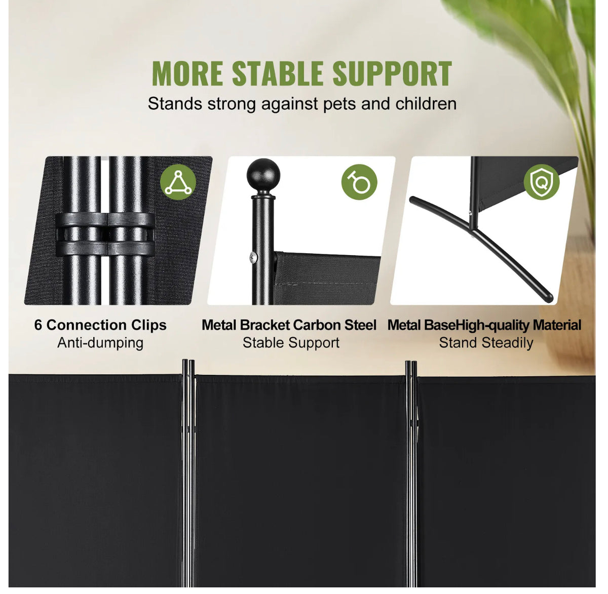 226 × 185 cm 3-Panel Black Fabric Room Divider