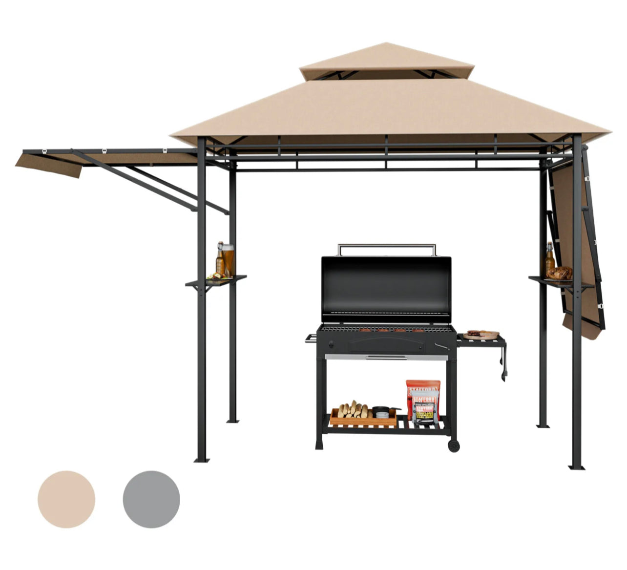 Outdoor BBQ Grill Gazebo with Adjustable Side Awnings & Shelves