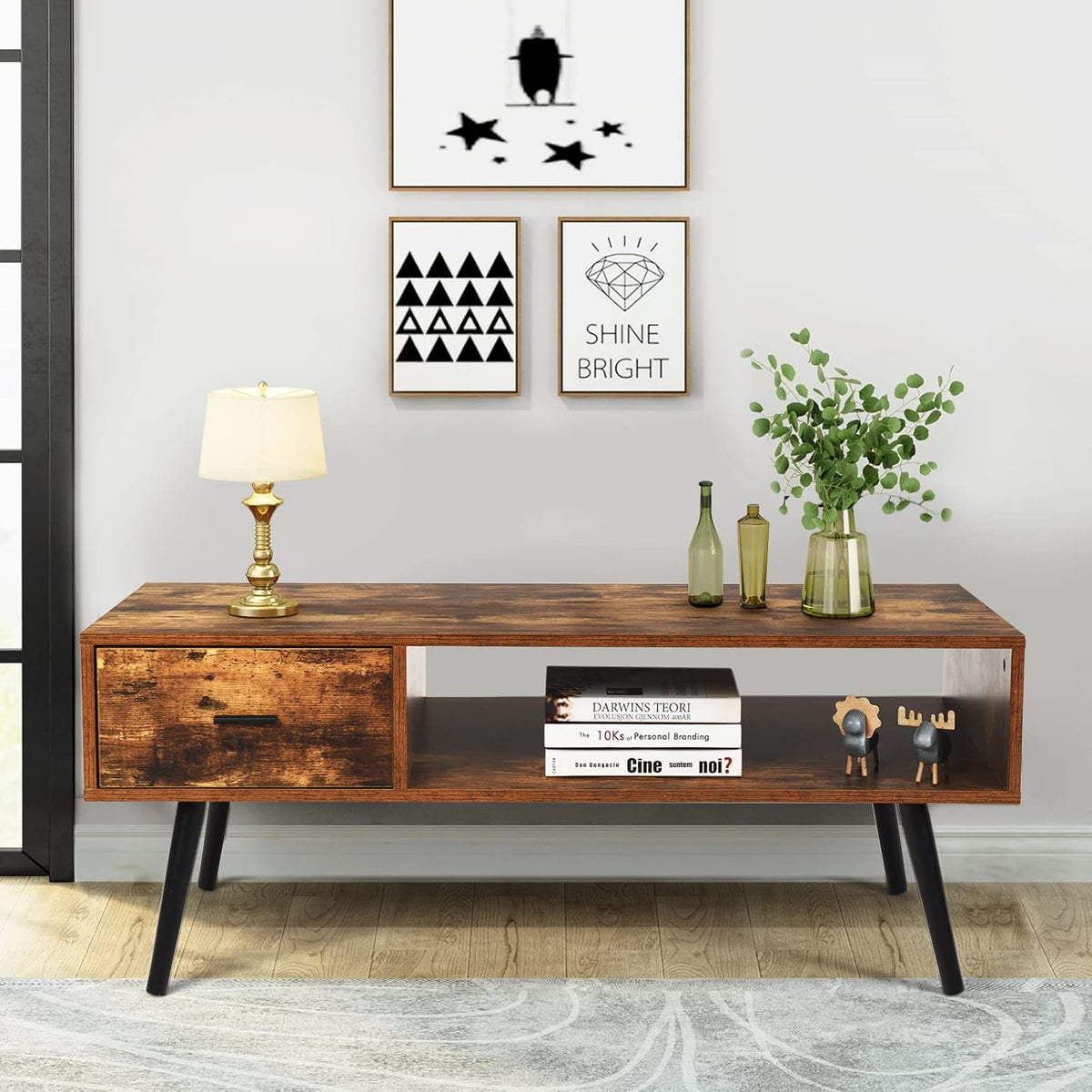 109 cm Mid-Century Coffee Table with Drawer & Open Shelf