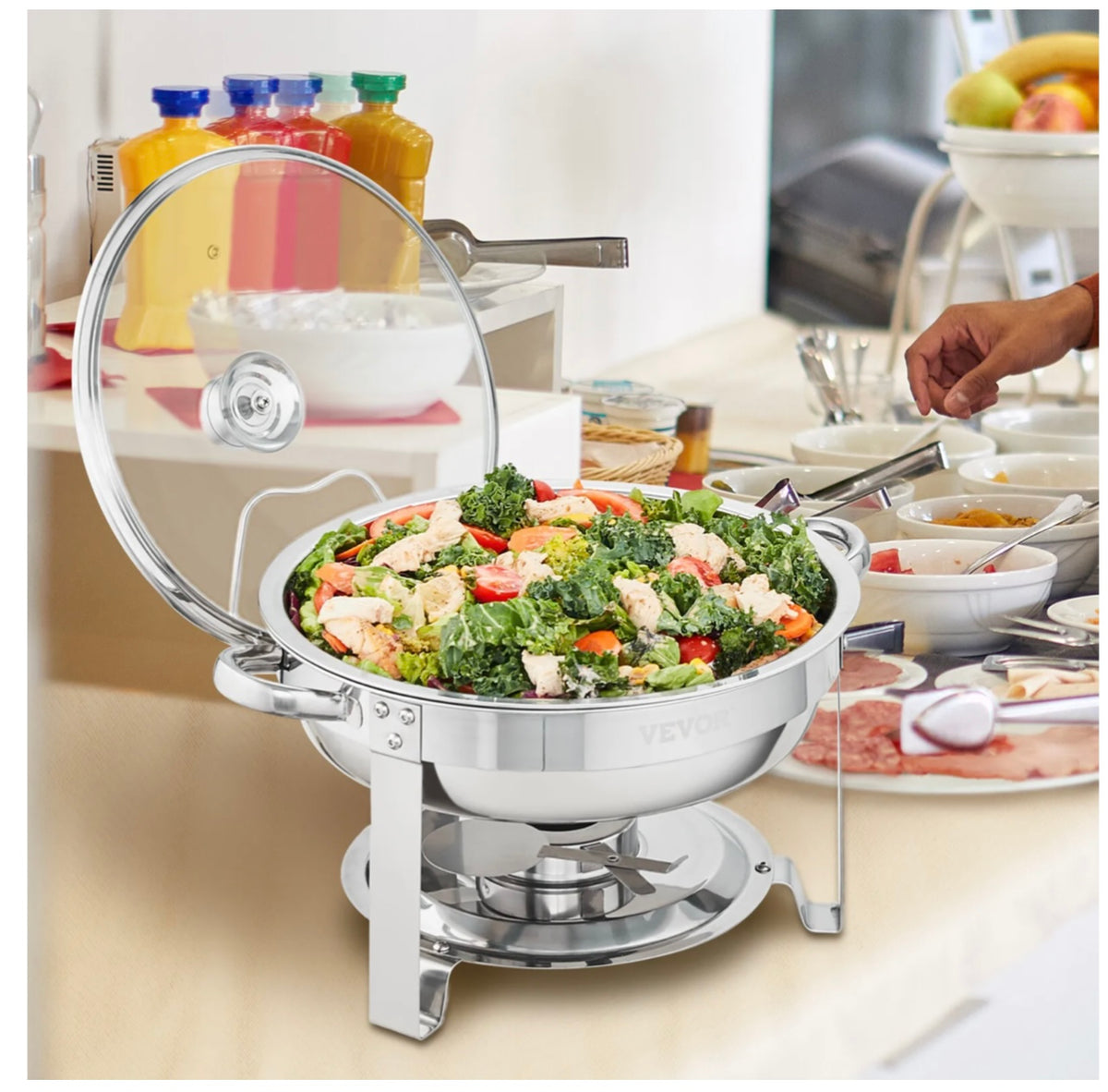 2-Pack Round Chafing Dish Set with Full-Size 4Qt Pan Glass Lid Fuel Holder