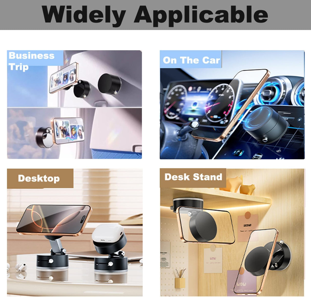 Multifunctional Vacuum Suction Phone Holder- Folding, Extendable, Double- Sided Magnetic for Car/Gym/Smooth Surface Kitchen Stand Cellphone Smartphone Mount (Black)