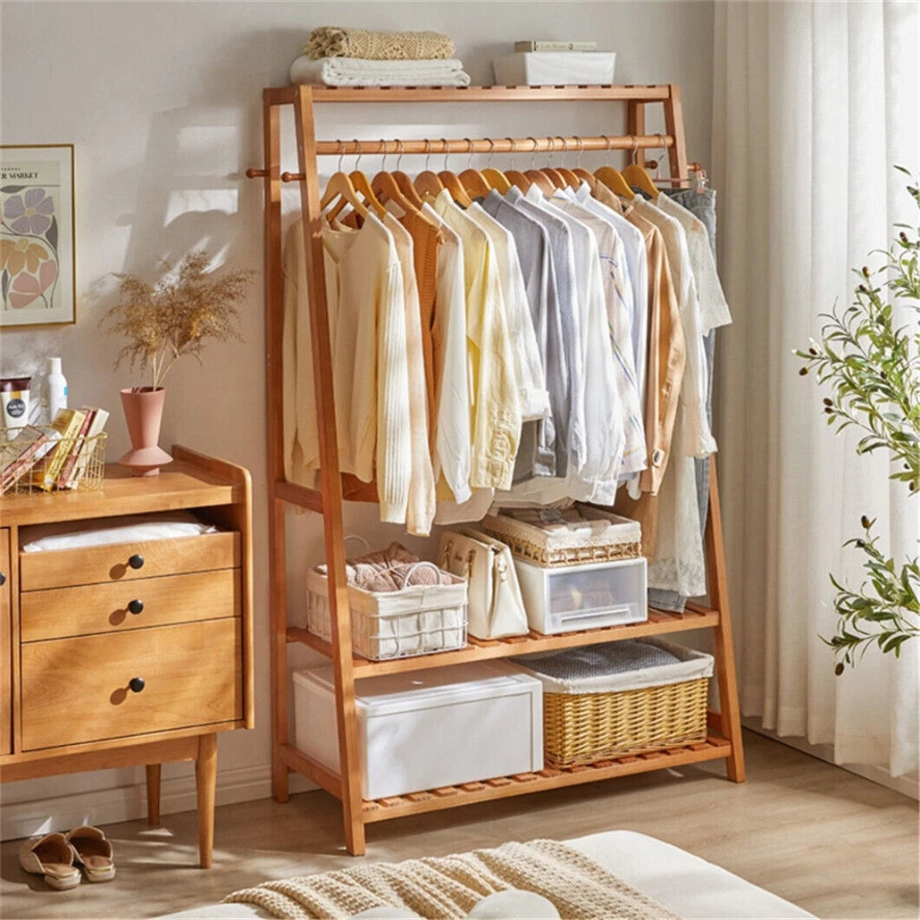 165cm Bamboo Garment Rack with 3 Shelves & 10 Hooks