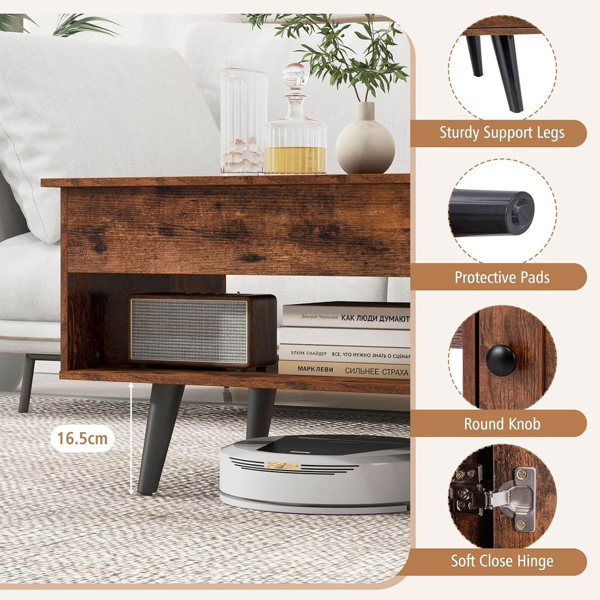 Lift-Top Coffee Table with Hidden Cabinet & Open Shelf