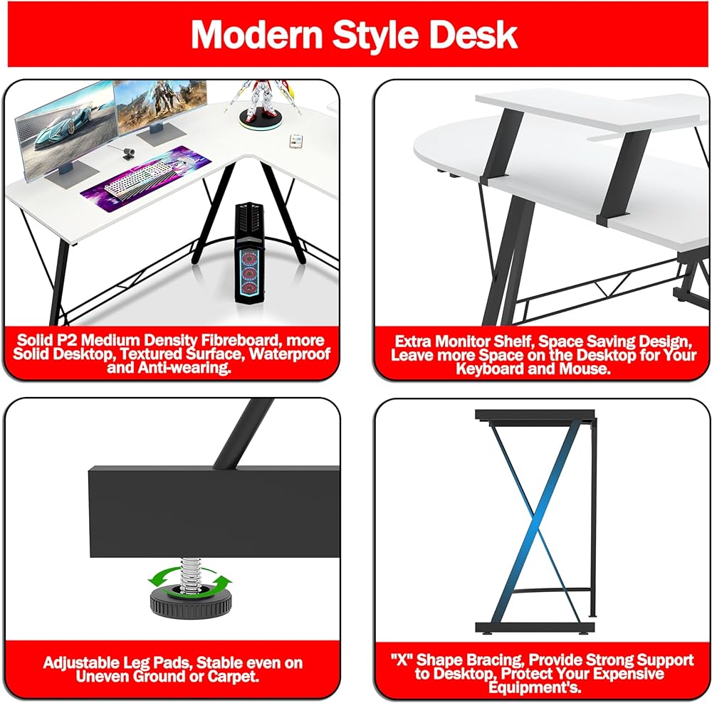 L-Shaped Corner Gaming Desk with Large Monitor Riser