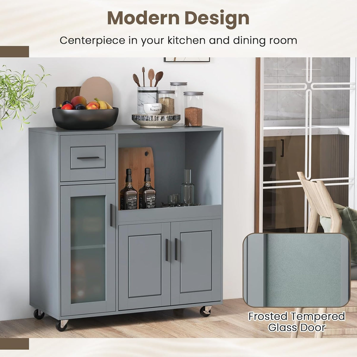 Grey Rolling Kitchen Island with Drawer & Glass-Door Cabinet
