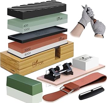Sharpening Stone,4 Side Grit 400/1000 3000/8000 Grit, Knife Sharpener Stone with Non-Slip Rubber Stone Holder, Flattening Stone,Leather Strop, Honing Guide, Cut Resistant Gloves