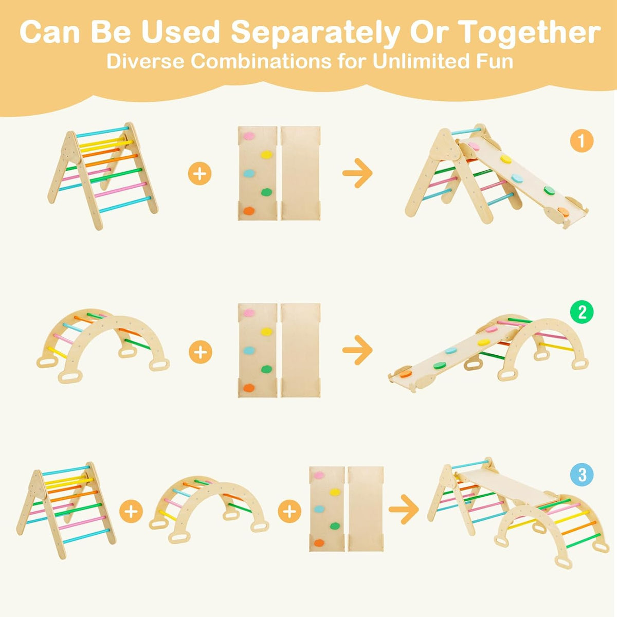 Kids Triangle Climbing Toys Set, 5 in 1 Toddler Wooden Climbing Gym Arch Rocking Playset w/Reversible Ramp for Sliding, Indoor Home Climbing Sliding Set for Boys Girls Colorful