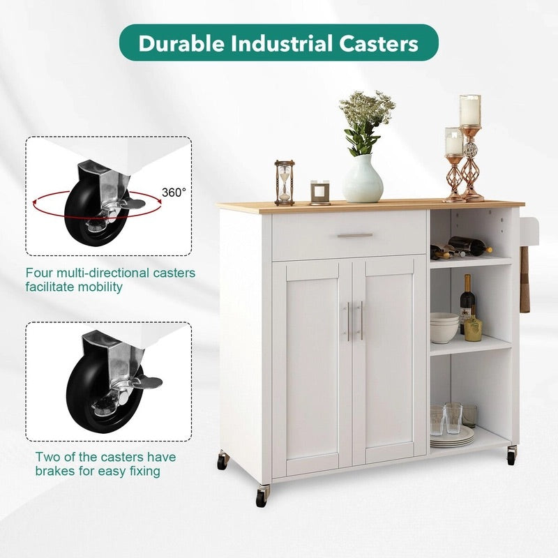 107 cm Rolling Kitchen Island with Wine Rack & Cabinet