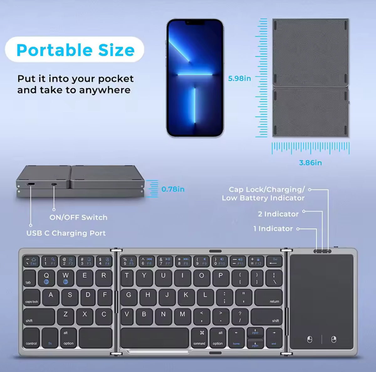 Foldable Wireless Bluetooth Keyboard Rechargeable Portable for PC Mac Smartphone Windows iOS Android