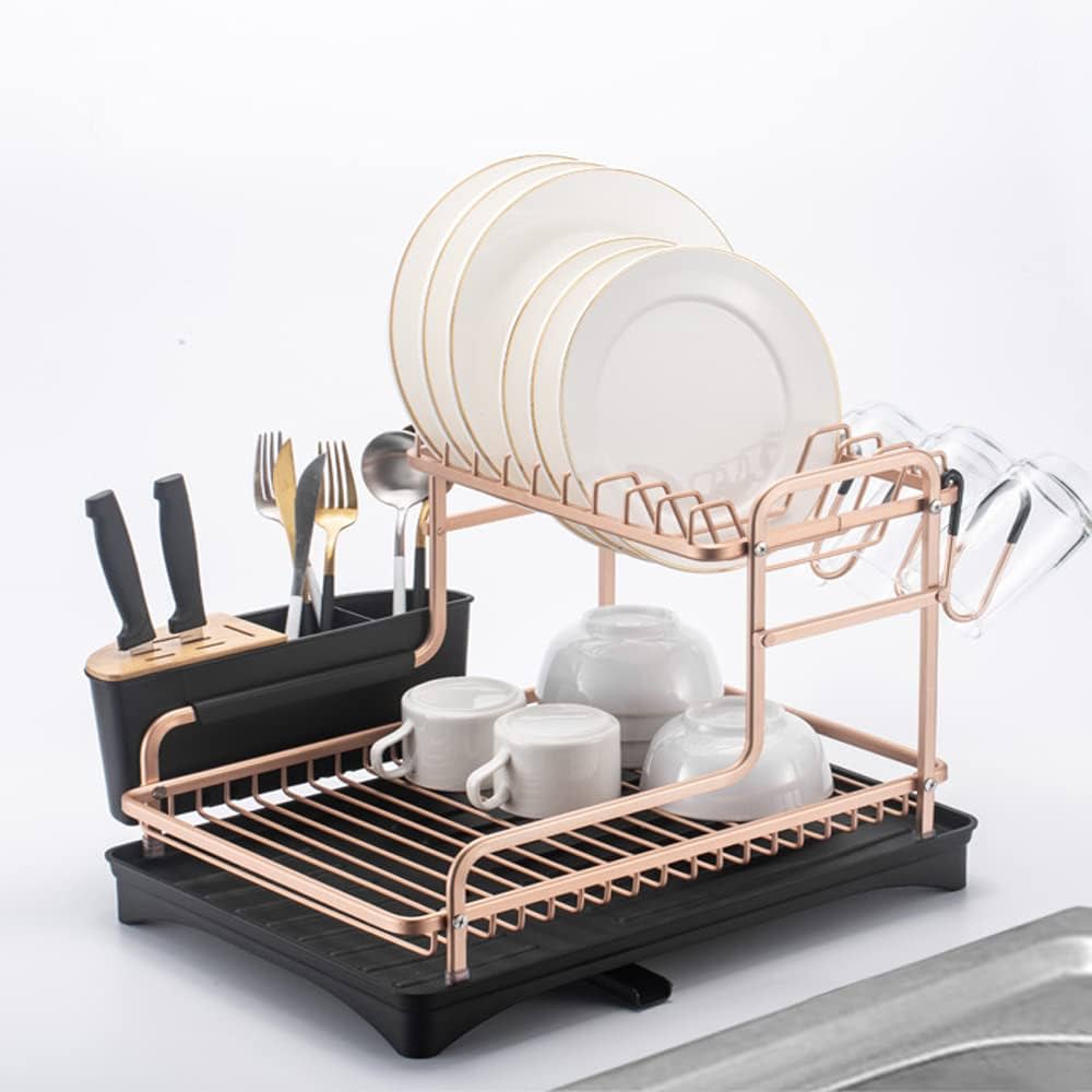 Aluminum Dish Drying Rack, Never Rust Dish Rack with Removable Cutlery Holder &Cup Holder, Unique 360° Swivel Spout Drain Board, Rose
