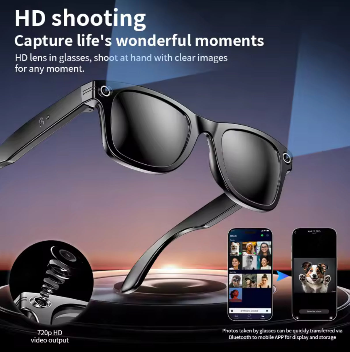 Smart Glasses Recording Videos AI Photo Recognition Answer Translation 260mAh Large Battery IP65 Waterproof Bluetooth Glasses