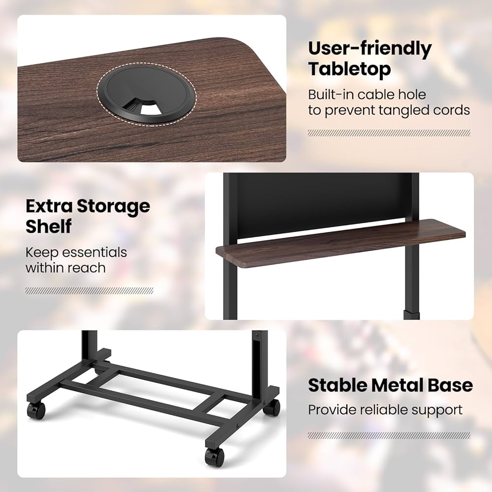 Rolling Podium Stand, 103-125cm Height Adjustable Lectern Table with Tilted Tabletop & Edge Stopper, Mobile Pulpit with Storage Shelf for Classroom, Office, Churches, Walnut