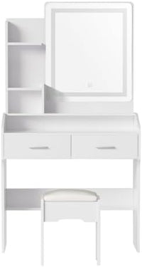 White LED-Strip Dressing Table with Mirror, 2 Drawers, Storage Shelves & Stool