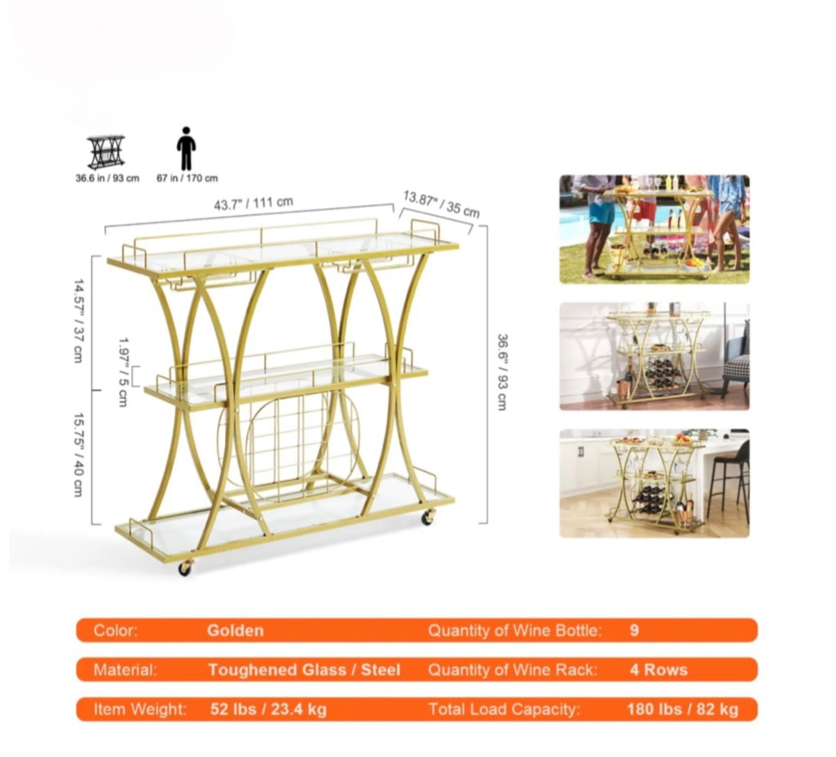 111 cm Gold 3-Tier Bar Cart with 9-Bottle Rack