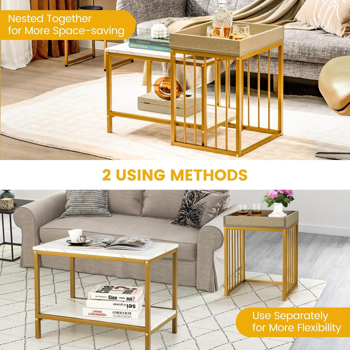 Faux-Marble Nesting Tables with Tray Top – Set of 2